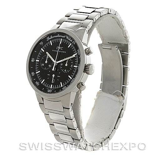 The IWC Vintage Men's Stainless Steel Black Dial Men's Stainless Steel Black Dial model watch is shown at a slightly tilted angle, highlighting the face, crown, and metal bracelet.