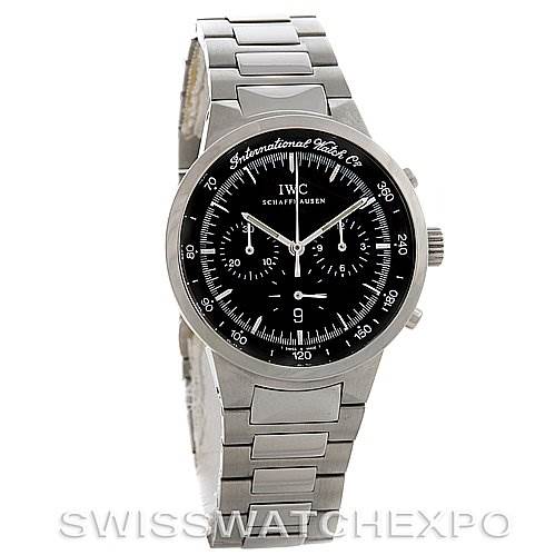 The image shows a frontal view of an IWC Vintage Men's Stainless Steel Black Dial Men's Stainless Steel Black Dial model watch, displaying the dial, hands, and stainless steel bracelet.