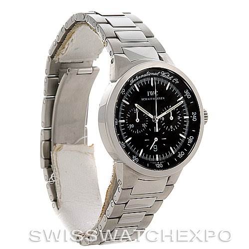 The image shows a side angle of the IWC Vintage Men's Stainless Steel Black Dial Men's Stainless Steel Black Dial watch, highlighting the stainless steel bracelet and black dial.
