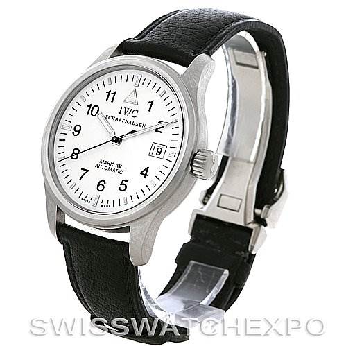 The image shows the IWC Pilot IWC325309 Men's Stainless Steel White Dial IWC325309 Men's Stainless Steel White Dial Mark XV watch at a three-quarter angle, displaying the dial, case, crown, and leather strap.