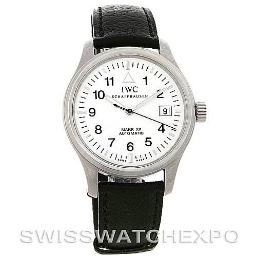 The image shows a front angle view of the IWC Pilot IWC325309 Men's Stainless Steel White Dial IWC325309 Men's Stainless Steel White Dial model watch, displaying the dial, numerals, hands, and date window clearly.