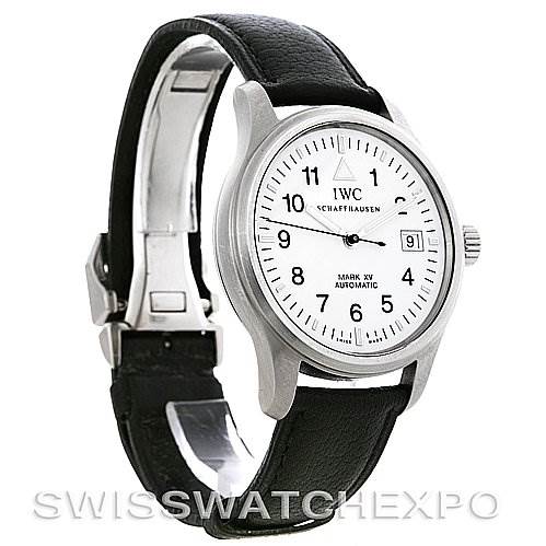 The image shows an IWC Pilot IWC325309 Men's Stainless Steel White Dial IWC325309 Men's Stainless Steel White Dial Mark XV Automatic watch, angled to display the face, case, and leather strap.
