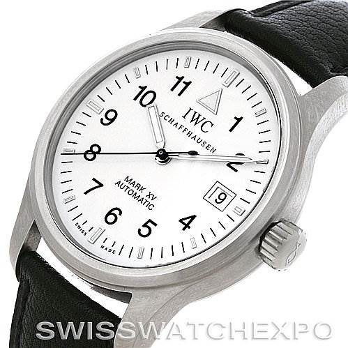 This is the IWC Pilot IWC325309 Men's Stainless Steel White Dial IWC325309 Men's Stainless Steel White Dial Mark XV Automatic watch shown from a front angle, highlighting the dial, case, crown, and part of the leather strap.