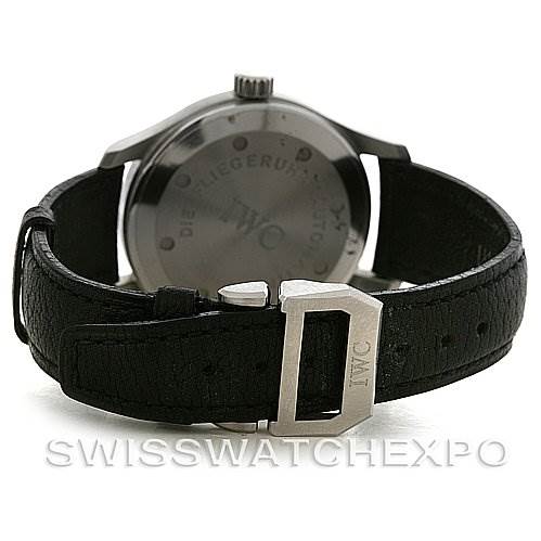 The image shows the back view of the IWC Pilot IWC325309 Men's Stainless Steel White Dial IWC325309 Men's Stainless Steel White Dial model watch, including the buckle and leather strap.