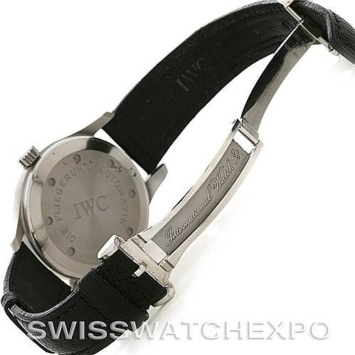 The image shows the backside and clasp of an IWC Pilot IWC325309 Men's Stainless Steel White Dial IWC325309 Men's Stainless Steel White Dial model watch, highlighting its case back and leather strap.