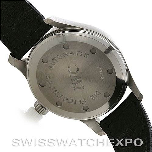 This image shows the back case and part of the strap of an IWC Pilot IWC325309 Men's Stainless Steel White Dial IWC325309 Men's Stainless Steel White Dial model watch from a rear angle.