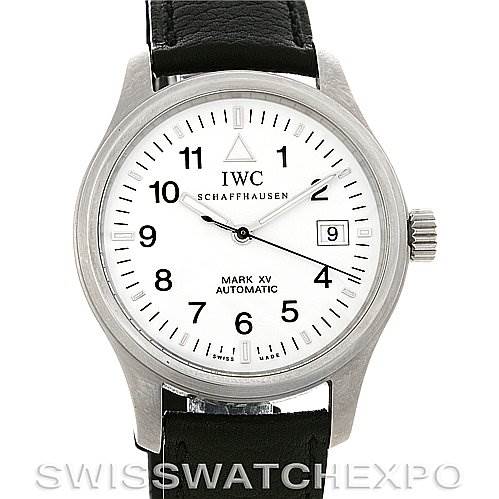 This image shows a front view of the IWC Pilot IWC325309 Men's Stainless Steel White Dial IWC325309 Men's Stainless Steel White Dial Mark XV Automatic watch, featuring a white dial, black leather strap, and date display.