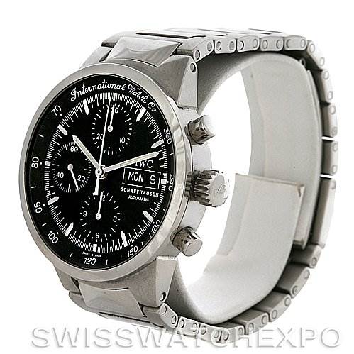 The image shows an IWC GST IW3707-008 Men's Stainless Steel Black Dial IW3707-008 Men's Stainless Steel Black Dial model watch at a slight angle, highlighting its dial, bezel, crown, pushers, and bracelet.