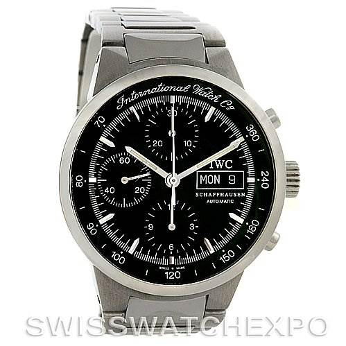 The IWC GST IW3707-008 Men's Stainless Steel Black Dial IW3707-008 Men's Stainless Steel Black Dial model watch is shown from a front angle, displaying its dial, chronograph subdials, and stainless steel bracelet.