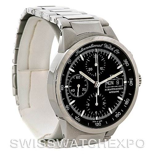 The image shows an angled view of an IWC GST IW3707-008 Men's Stainless Steel Black Dial IW3707-008 Men's Stainless Steel Black Dial model watch, highlighting the watch face, chronograph subdials, and metal bracelet.