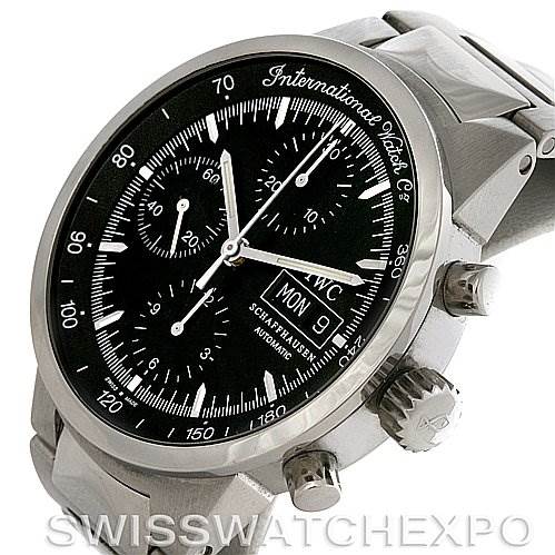 The image shows the IWC GST IW3707-008 Men's Stainless Steel Black Dial IW3707-008 Men's Stainless Steel Black Dial model watch from a three-quarter angle, highlighting the dial, crown, and chronograph pushers.