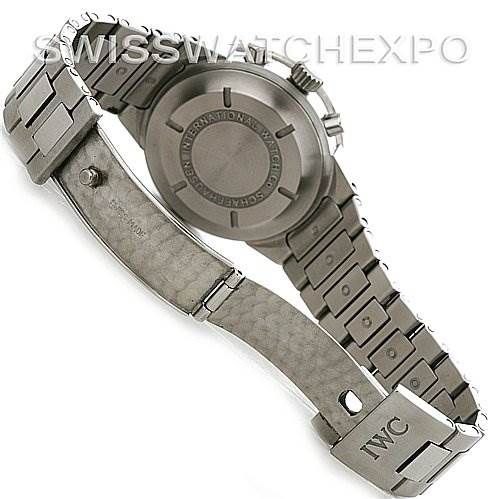 The image shows the back and bracelet of an IWC GST IW3707-008 Men's Stainless Steel Black Dial IW3707-008 Men's Stainless Steel Black Dial model watch, including the clasp with the IWC branding.