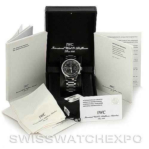 The image shows the IWC GST IW3707-008 Men's Stainless Steel Black Dial IW3707-008 Men's Stainless Steel Black Dial model watch, along with its box, manuals, and paperwork, photographed from the front.