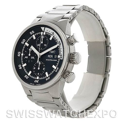 This IWC Aquatimer IW371928 Men's Stainless Steel Black Dial IW371928 Men's Stainless Steel Black Dial watch image shows the front and side view, highlighting the dial, bezel, crown, pushers, and metal bracelet.