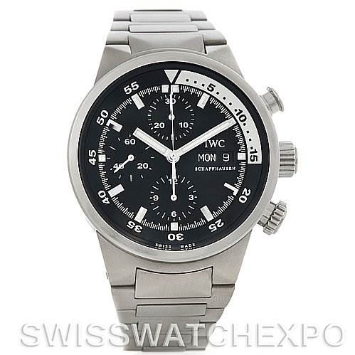 The image shows a front view of the IWC Aquatimer IW371928 Men's Stainless Steel Black Dial IW371928 Men's Stainless Steel Black Dial watch, displaying its dial, hands, and full bracelet.