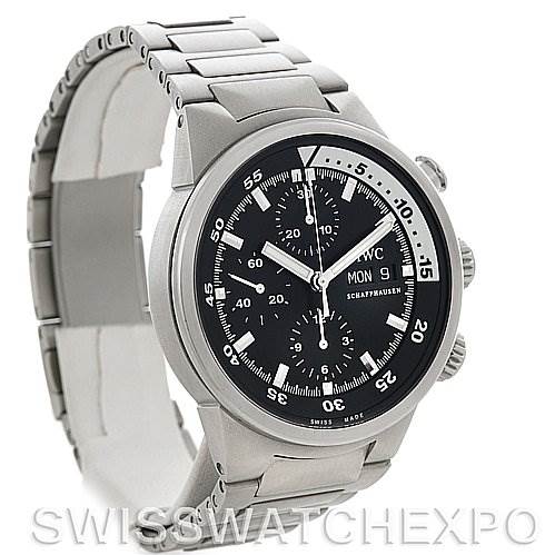 The image shows an IWC Aquatimer IW371928 Men's Stainless Steel Black Dial IW371928 Men's Stainless Steel Black Dial watch from a front-side angle, highlighting the dial, bezel, and part of the metal bracelet.