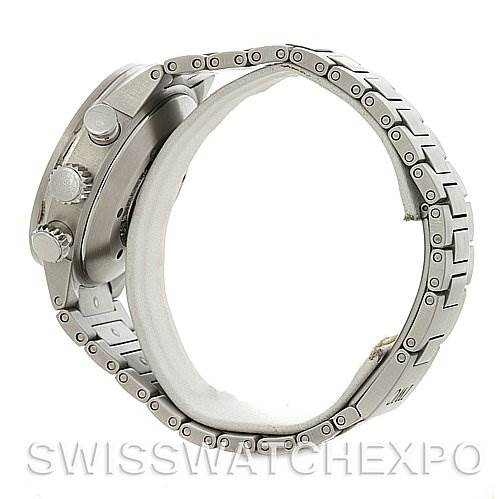 The image shows a side view of an IWC Aquatimer IW371928 Men's Stainless Steel Black Dial IW371928 Men's Stainless Steel Black Dial watch, highlighting the case, crown, pushers, and metal bracelet.