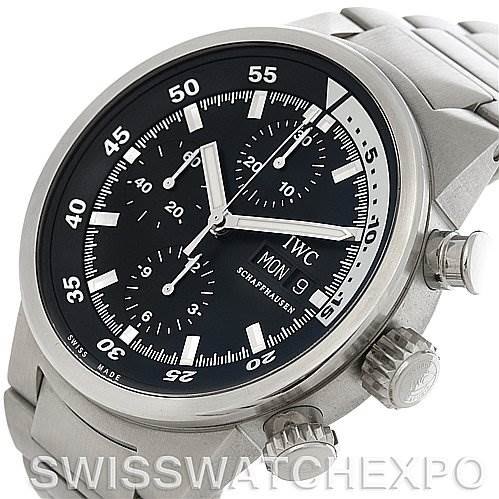The image shows a front angle of an IWC Aquatimer IW371928 Men's Stainless Steel Black Dial IW371928 Men's Stainless Steel Black Dial watch, highlighting the dial, bezel, and part of the stainless steel bracelet.