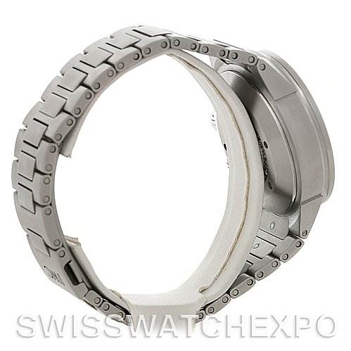 The image shows a side view of an IWC Aquatimer IW371928 Men's Stainless Steel Black Dial IW371928 Men's Stainless Steel Black Dial watch, highlighting its stainless steel bracelet and case.