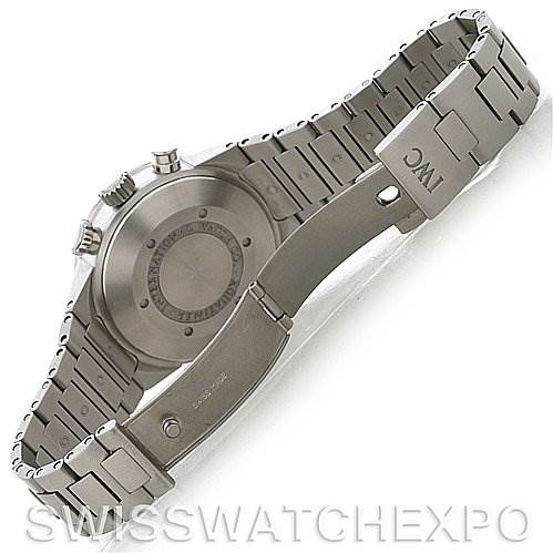 This image shows the back view of the IWC Aquatimer IW371928 Men's Stainless Steel Black Dial IW371928 Men's Stainless Steel Black Dial watch, highlighting the case back, bracelet, and clasp with the IWC logo.