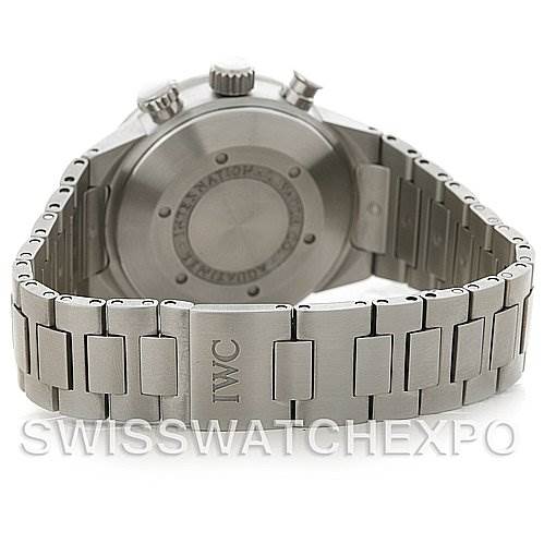 This image shows the back view of an IWC Aquatimer IW371928 Men's Stainless Steel Black Dial IW371928 Men's Stainless Steel Black Dial watch, highlighting its case back, steel bracelet, and IWC-engraved clasp.