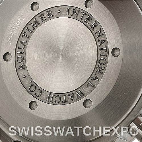 The image shows the case back of an IWC Aquatimer IW371928 Men's Stainless Steel Black Dial IW371928 Men's Stainless Steel Black Dial watch, highlighting engravings and serial numbers.