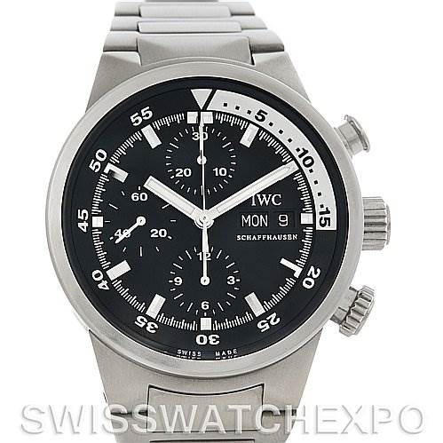 This image shows a front view of the IWC Aquatimer IW371928 Men's Stainless Steel Black Dial IW371928 Men's Stainless Steel Black Dial watch, highlighting its dial, hands, subdials, and metal bracelet.