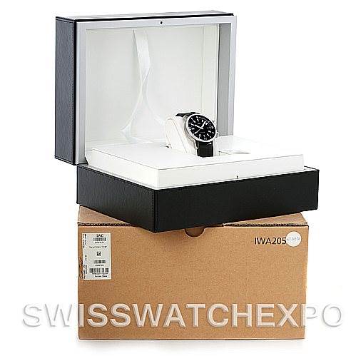The image shows the IWC Aquatimer IW3231-01 Men's Stainless Steel Black Dial IW3231-01 Men's Stainless Steel Black Dial watch in its open display box, placed on top of a brown shipping box.