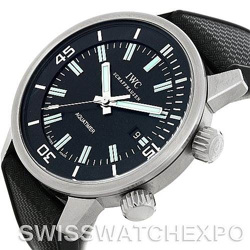 The image shows an angled view of the IWC Aquatimer IW3231-01 Men's Stainless Steel Black Dial IW3231-01 Men's Stainless Steel Black Dial watch, highlighting the face, bezel, lugs, and crown.