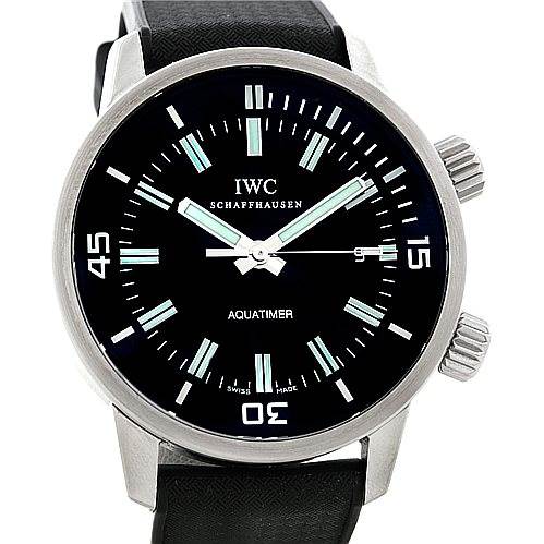 The IWC Aquatimer IW3231-01 Men's Stainless Steel Black Dial IW3231-01 Men's Stainless Steel Black Dial watch is shown from a top-down angle, displaying the dial, hands, and two crowns.