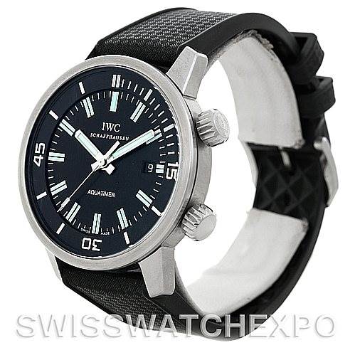 The image shows a side view of the IWC Aquatimer IW3231-01 Men's Stainless Steel Black Dial IW3231-01 Men's Stainless Steel Black Dial watch, highlighting its dial, crown, and strap.