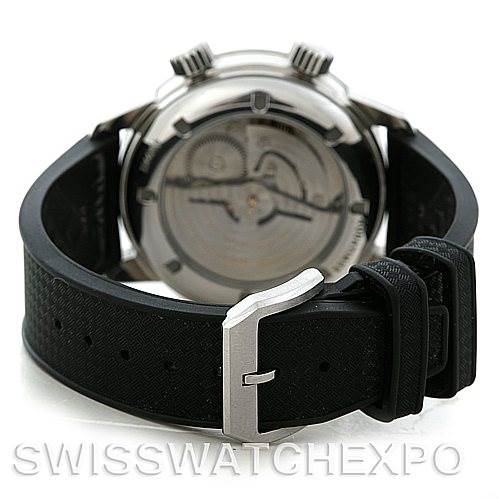 The image shows the back view of an IWC Aquatimer IW3231-01 Men's Stainless Steel Black Dial IW3231-01 Men's Stainless Steel Black Dial watch, focusing on the case back and black rubber strap with a clasp.