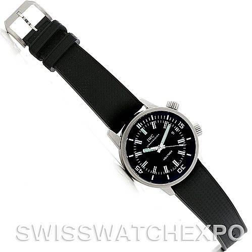 The IWC Aquatimer IW3231-01 Men's Stainless Steel Black Dial IW3231-01 Men's Stainless Steel Black Dial model watch is shown in a top-down angle, displaying its black dial, bezel, and black strap.