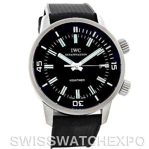 The image shows the IWC Aquatimer IW3231-01 Men's Stainless Steel Black Dial IW3231-01 Men's Stainless Steel Black Dial watch from the front, highlighting its black dial, hands, markers, rotating bezel, and black strap.