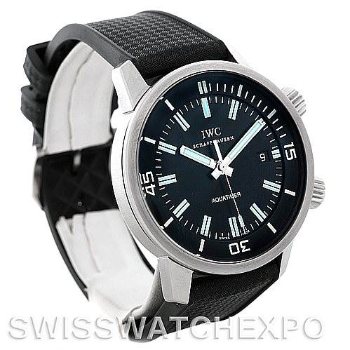 The image shows an IWC Aquatimer IW3231-01 Men's Stainless Steel Black Dial IW3231-01 Men's Stainless Steel Black Dial watch at a three-quarter angle, displaying its face, bezel, crown, and strap.