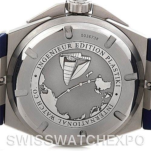 The image shows the case back of an IWC Ingenieur IW323608 Men's Stainless Steel White Dial IW323608 Men's Stainless Steel White Dial Edition Plastiki watch, highlighting the engraved design and model details.