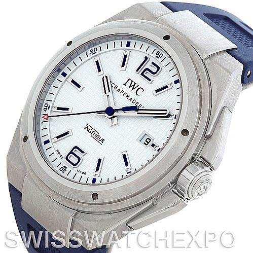 The IWC Ingenieur IW323608 Men's Stainless Steel White Dial IW323608 Men's Stainless Steel White Dial watch is shown from a front angle, highlighting the dial, bezel, crown, and part of the strap.