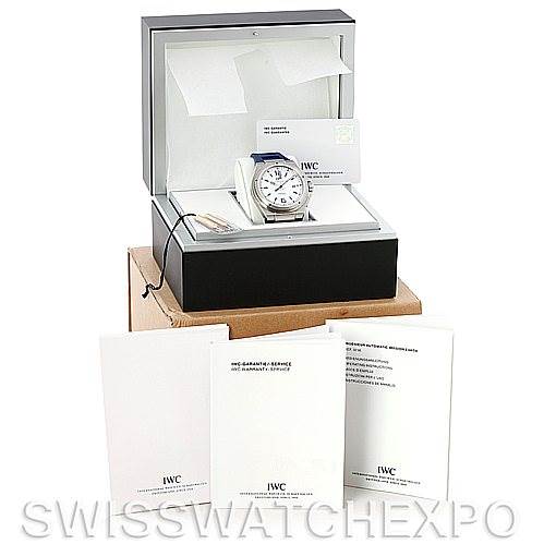 The image shows an IWC Ingenieur IW323608 Men's Stainless Steel White Dial IW323608 Men's Stainless Steel White Dial watch in its box, along with accompanying booklets and documentation.