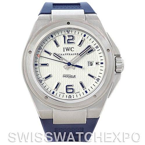 This image shows a front view of the IWC Ingenieur IW323608 Men's Stainless Steel White Dial IW323608 Men's Stainless Steel White Dial watch, displaying the dial, bezel, case, crown, and blue strap.