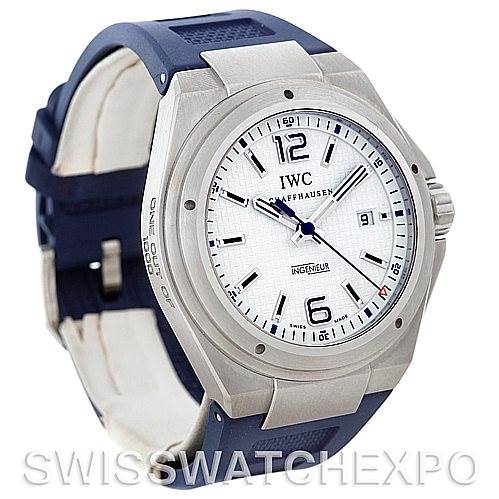 The image shows the IWC Ingenieur IW323608 Men's Stainless Steel White Dial IW323608 Men's Stainless Steel White Dial watch at a slight angle, displaying the face, bezel, case, and part of the strap.