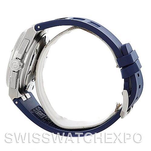 The image shows a side profile of a IWC Ingenieur IW323608 Men's Stainless Steel White Dial IW323608 Men's Stainless Steel White Dial watch, focusing on its case, crown, and blue strap.