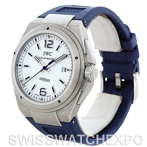 The image shows a front-left angle of an IWC Ingenieur IW323608 Men's Stainless Steel White Dial IW323608 Men's Stainless Steel White Dial watch, highlighting the dial, bezel, case, crown, and blue strap.