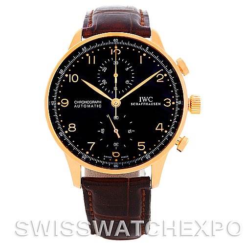The IWC Portuguese IW3714-15 Men's Rose Gold Black Dial IW3714-15 Men's Rose Gold Black Dial Chronograph watch is shown from a front angle, highlighting its black dial, gold case, and brown leather strap.