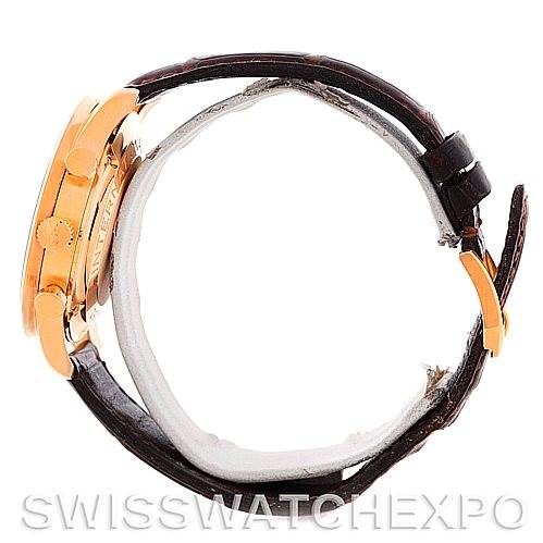 This image shows a side view of an IWC Portuguese IW3714-15 Men's Rose Gold Black Dial IW3714-15 Men's Rose Gold Black Dial model watch, highlighting the case, crown, pushers, and leather strap.