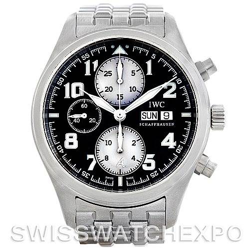 This image shows a front view of the IWC Pilot Men
s Stainless Steel Black Dial Men
s Stainless Steel Black Dial model watch, displaying the face, hands, chronographs, and a part of the bracelet.