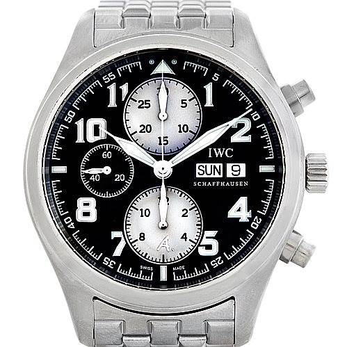 The image shows a frontal view of the IWC Pilot Men
s Stainless Steel Black Dial Men
s Stainless Steel Black Dial model watch, highlighting its dial, chronograph subdials, and stainless steel bracelet.