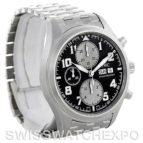 The image shows an angled front view of an IWC Pilot Men
s Stainless Steel Black Dial Men
s Stainless Steel Black Dial watch, highlighting its black dial, silver hands, chronograph subdials, and metal bracelet.