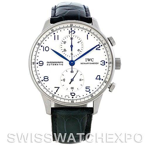 The image shows a front view of an IWC Portuguese IW371417 Men
s Stainless Steel Silver Dial IW371417 Men
s Stainless Steel Silver Dial chronograph watch, highlighting its dial, hands, and strap.