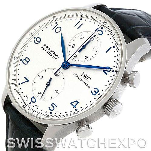 This image shows a side angle of an IWC Portuguese IW371417 Men
s Stainless Steel Silver Dial IW371417 Men
s Stainless Steel Silver Dial chronograph watch, highlighting the dial, crown, and pushers.