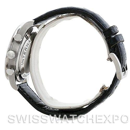 Side view of an IWC Portuguese IW371417 Men
s Stainless Steel Silver Dial IW371417 Men
s Stainless Steel Silver Dial watch, showing the crown, pushers, and part of the leather strap.